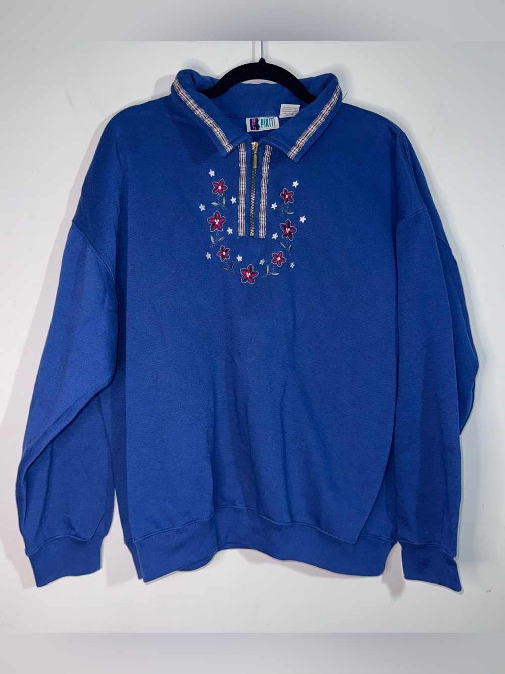Vintage Bold Spirit XL Teal Floral Embroidered Quarter Zip Grandma Sweatshirt